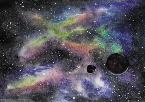 Fondo del espacio exterior profundo con estrellas, planetas y nebulosas. Acuarela ilustración pintada a mano —  Fotos de Stock