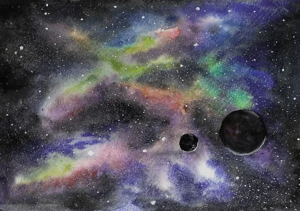 Deep outer space background with stars, planets and nebula. Watercolor hand painted illustration