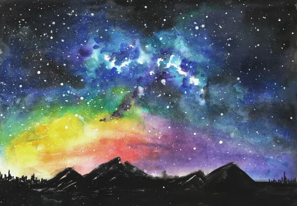 Paisagem. Montanhas, céu noturno, estrelas, espaço. Watercolor pintado à mão ilustração — Fotografia de Stock