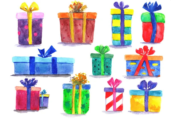 Conjunto de Navidad de acuarela con cajas de regalo, aisladas en fondo blanco — Foto de Stock