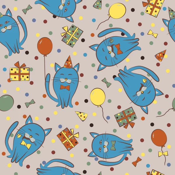 Seamless festive pattern with cats. Birthday, holiday. Vector il