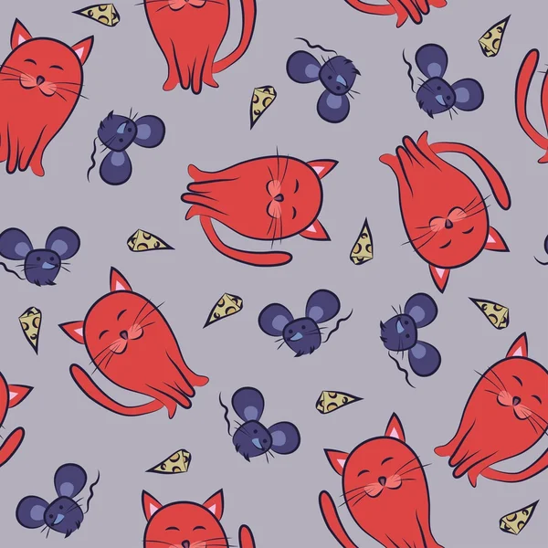 Χωρίς ραφή πρότυπο με γάτες και ποντίκια. Doodle χρώμα. Διάνυσμα illu — Διανυσματικό Αρχείο