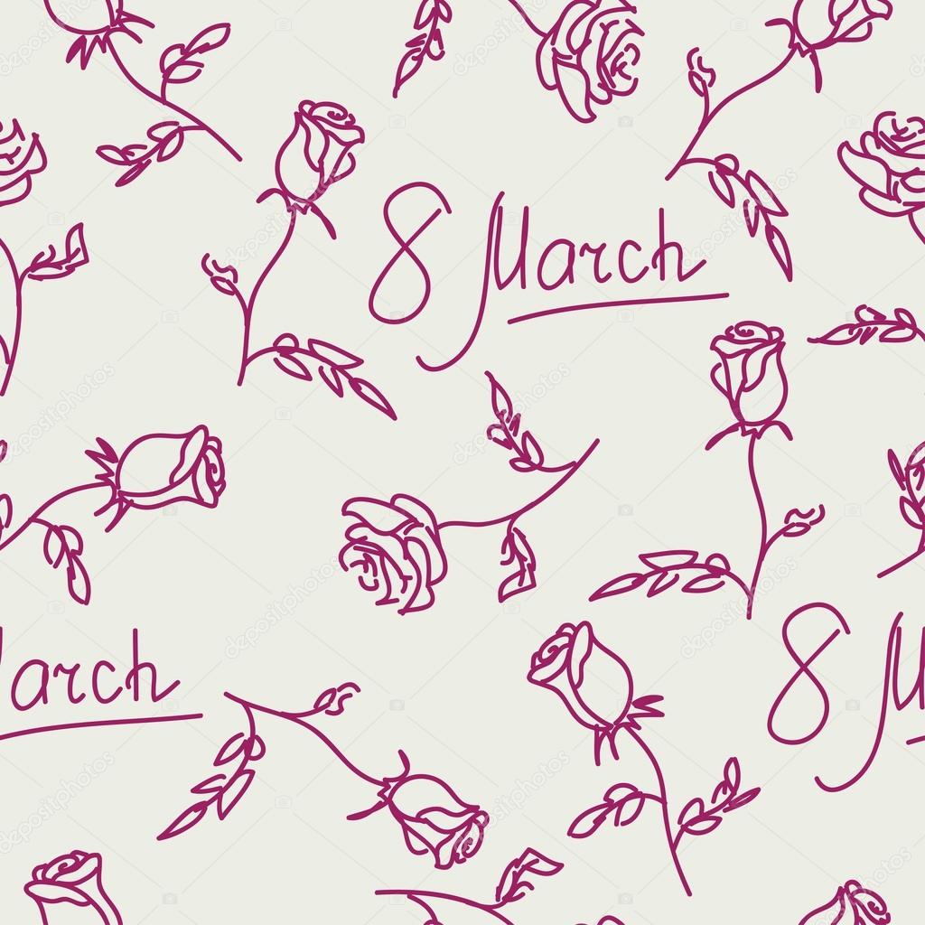 Seamless pattern of hand drawn roses. March 8. Vector illustrati