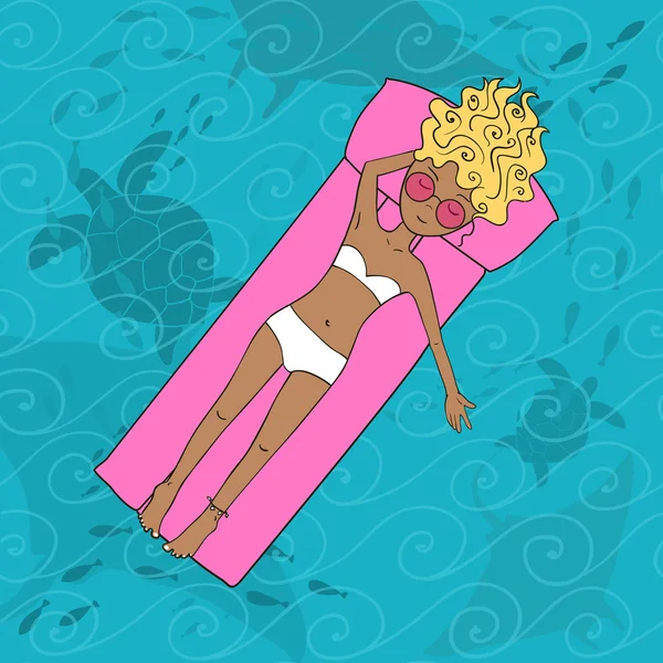 Getekende dame hand liggend op de matras in zee — Stockvector