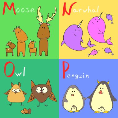 Alfabe hayvanlardan M P vektör çizim el çekilmiş