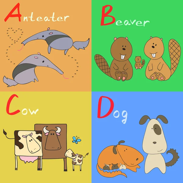 Hand drawn vector illustration of alphabet animals from A to D — Stock Vector