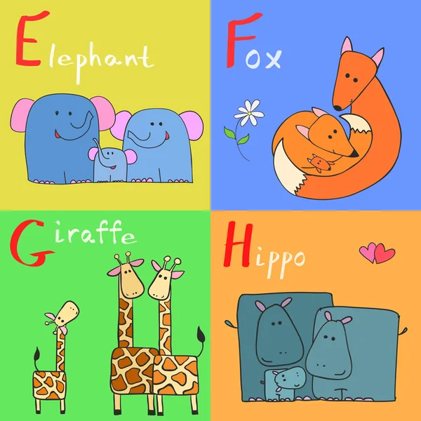 Ilustração vetorial desenhada à mão de animais alfabetos de E a H — Vetor de Stock