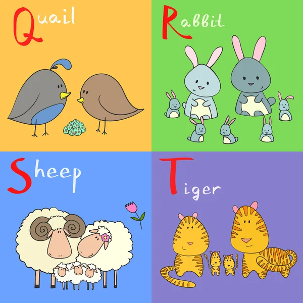 Ilustração vetorial desenhada à mão de animais alfabetos de Q a T — Vetor de Stock