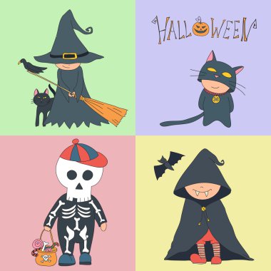 Mutlu Halloween.Vector renkli Cadılar Bayramı kostümleri sevimli çizgi alt kümesini