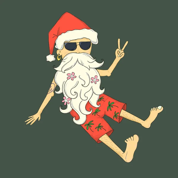 Mão desenhado engraçado Papai Noel em óculos de sol e calções de banho — Vetor de Stock
