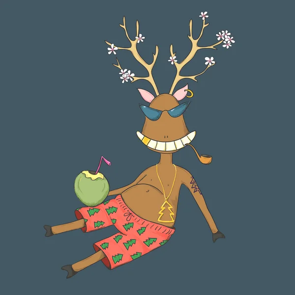 Chriatmas deer on a beach — Stock Vector