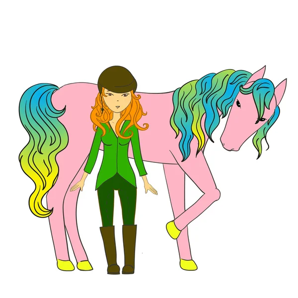 Hand getrokken vectorillustratie met jockey meisje en haar paard — Stockvector