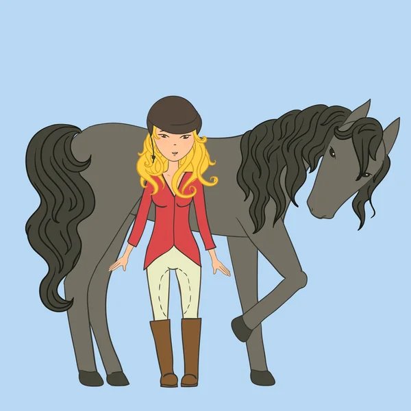 Hand getrokken vectorillustratie met jockey meisje en haar paard — Stockvector