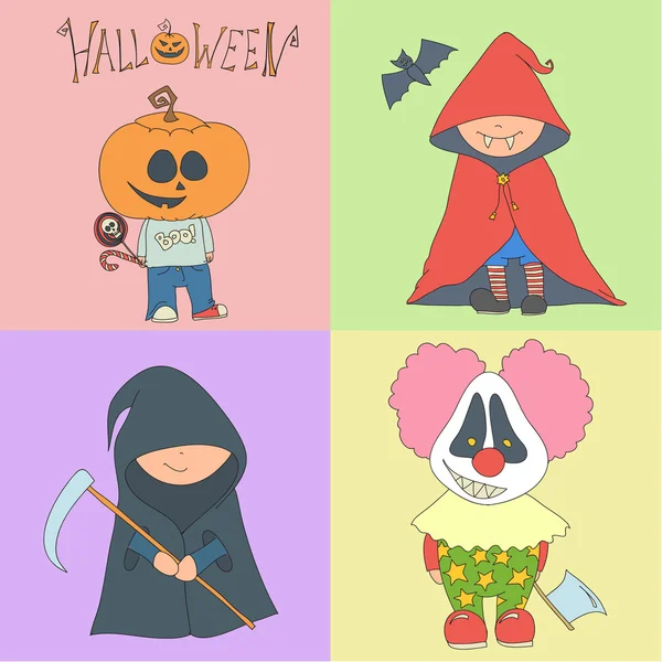 Mutlu Halloween.Vector renkli Cadılar Bayramı kostümleri sevimli çizgi alt kümesini — Stok Vektör