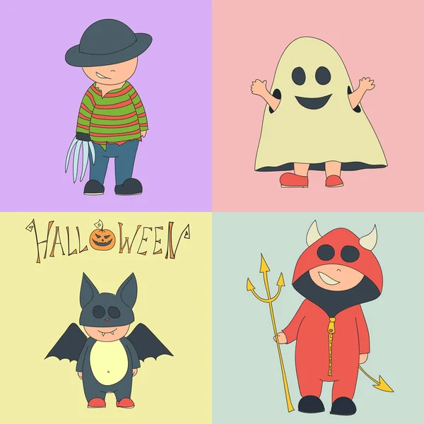 Gelukkig Halloween.Vector Set van cute cartoon kinderen in kleurrijke kostuums van halloween — Stockvector