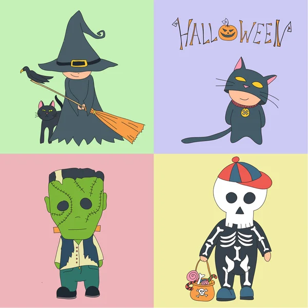 Mutlu Halloween.Vector renkli Cadılar Bayramı kostümleri sevimli çizgi alt kümesini — Stok Vektör