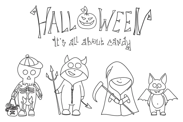 Gelukkig Halloween.Vector Set van cute cartoon kinderen in kleurrijke kostuums van halloween — Stockvector