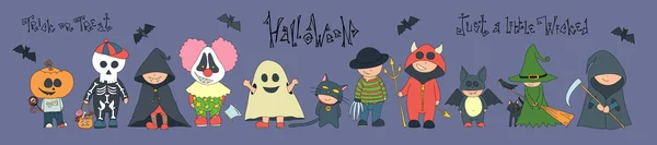 Happy Halloween.Vector Set di simpatici bambini dei cartoni animati in colorati costumi di Halloween — Vettoriale Stock