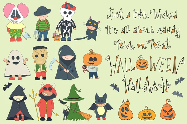 Feliz Halloween.Vector Conjunto de lindos niños de dibujos animados en trajes de Halloween coloridos — Archivo Imágenes Vectoriales