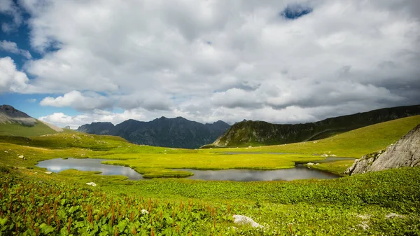 여름에는 산 호수가 있고 뒤에는 꽃이 피는 초원 과 산 이 있다. 하얀 구름을 가진 푸른 하늘. 코카서스 — 스톡 사진