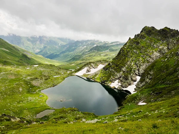 Krajobraz Górski Zielonej Dolinie Krystaliczną Wodą Śnieżnymi Górami Kaukazie Wysokiej — Zdjęcie stockowe