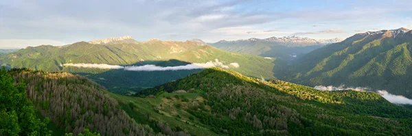 Bergfeld Bei Sonnenuntergang Mit Bergen Hintergrund Schöne Naturlandschaft Hochwertiges Foto — Stockfoto