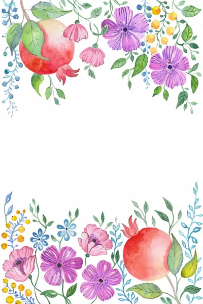 Blommig backgrond. Blommig akvarell ram. Födelsedagskort. Akvarell granatäpple — Stock vektor