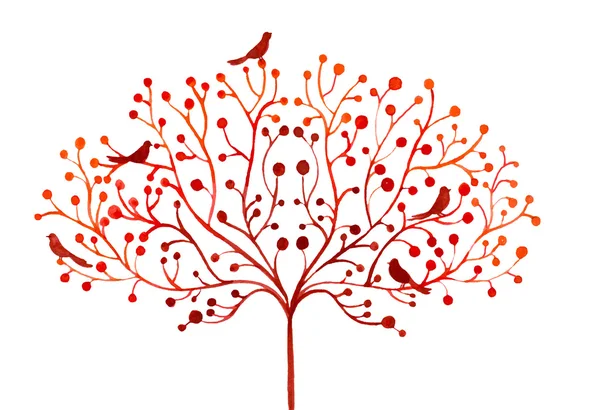 Acuarela ilustración abstracta de estilizado árbol de otoño y aves — Vector de stock