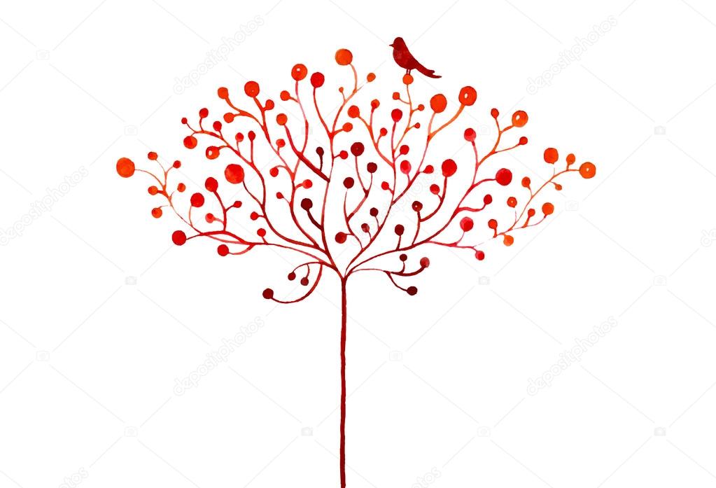 Watercolor abstract illustration of stylized autumn tree and birds