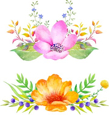 Suluboya çiçek kompozisyon. Elle çizilmiş bitkiler, meyveler ve çiçekler tasarımı için romantik dizi. 