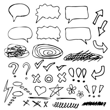 Karalama seti, siyah çizgiler, oklar, yıldız, kalp, soru işareti, ünlem işareti, metin ve vektör illüstrasyonuna uygun grev