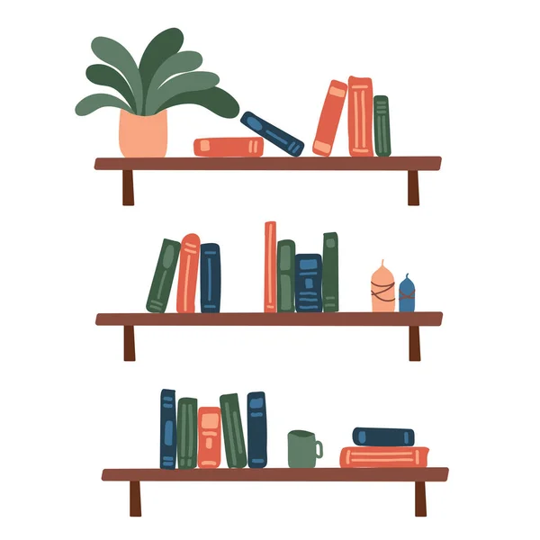 Bookshelves with a potted plant and candles. — Stock Vector