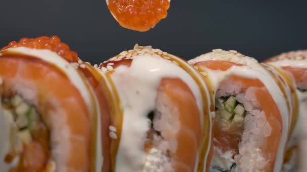 Chef Kitchen Adds Caviar Sushi Roll Asian Cuisine Dish Salmon — Stock Video