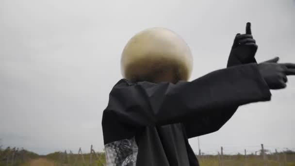 Unknown Person Golden Sphere Instead Head Black Suit Standing Black — Stock Video