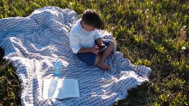 Le garçon est assis dans un champ avec une tablette dans les mains. L'enfant fera défiler l'ordinateur. Le garçon joue. Loisirs extérieurs. Beau coucher de soleil. La planète est en danger. Mode de vie sain — Video