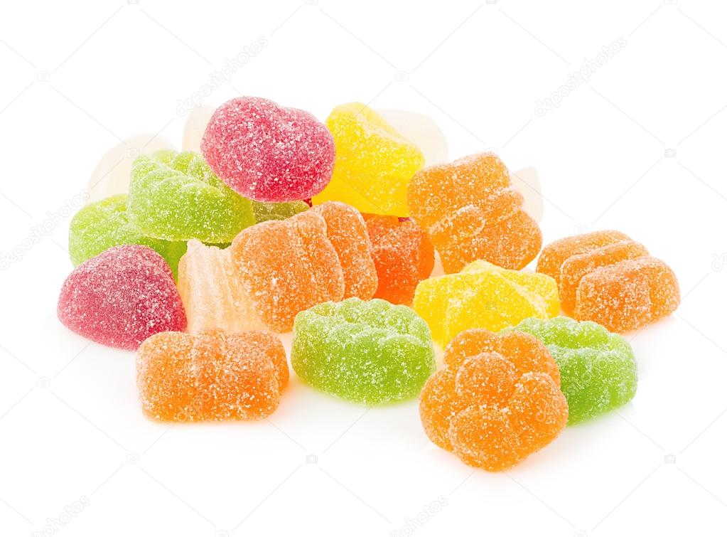Colourful jelly candies close-up isolated on white background.