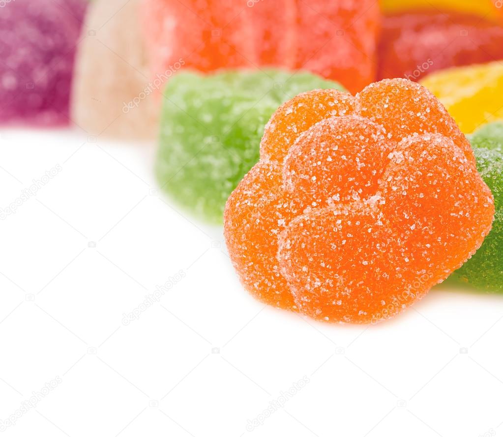 Colourful jelly candies close-up isolated on white background.