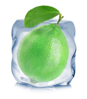 Beyaz arka plan üzerinde izole buz küp yakın çekim donmuş kireç.