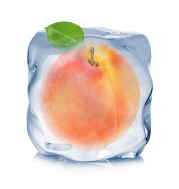 Beyaz arka plan üzerinde izole buz küp yakın çekim dondurulmuş kayısı.