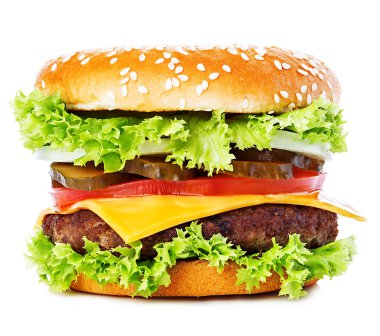 Büyük Kraliyet iştah açıcı hamburger, hamburger, beyaz bir arka plan üzerinde izole çizburger yakın çekim.