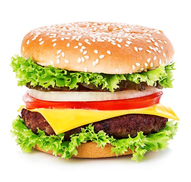 Büyük Kraliyet iştah açıcı hamburger, hamburger, beyaz bir arka plan üzerinde izole çizburger yakın çekim.