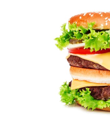 Büyük Kraliyet iştah açıcı hamburger, hamburger, beyaz bir arka plan üzerinde izole çizburger yakın çekim.
