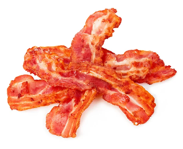 Kokta bacon skivor Detaljbild isolerat på vit bakgrund. — Stockfoto