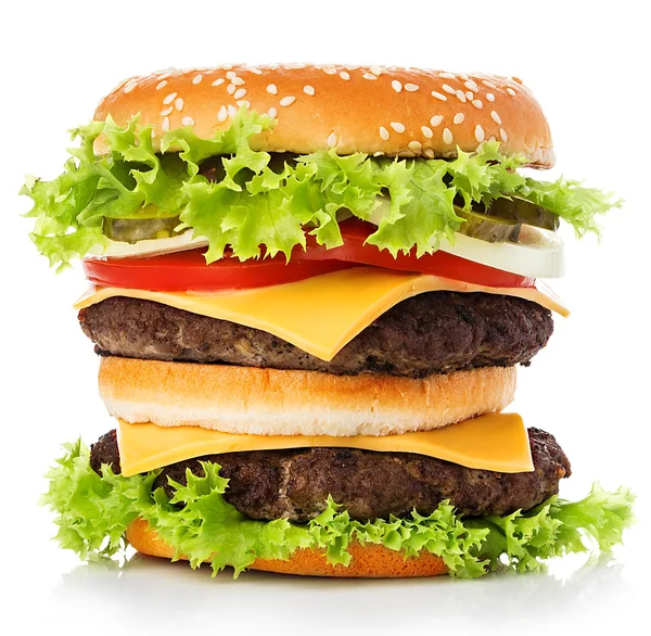 Gran hamburguesa real apetitoso, hamburguesa, hamburguesa con queso primer plano aislado sobre un fondo blanco . — Foto de Stock