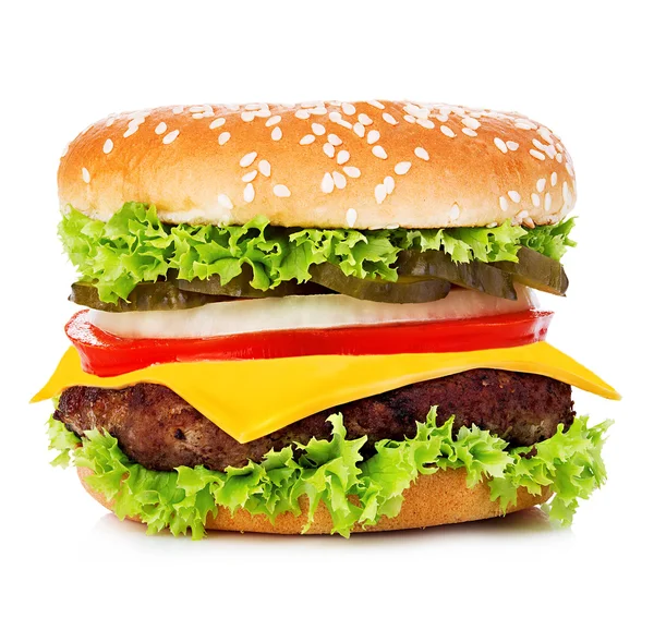 Big burger, hamburger, cheeseburger close-up isolated on a white background. Royalty Free Stock Images