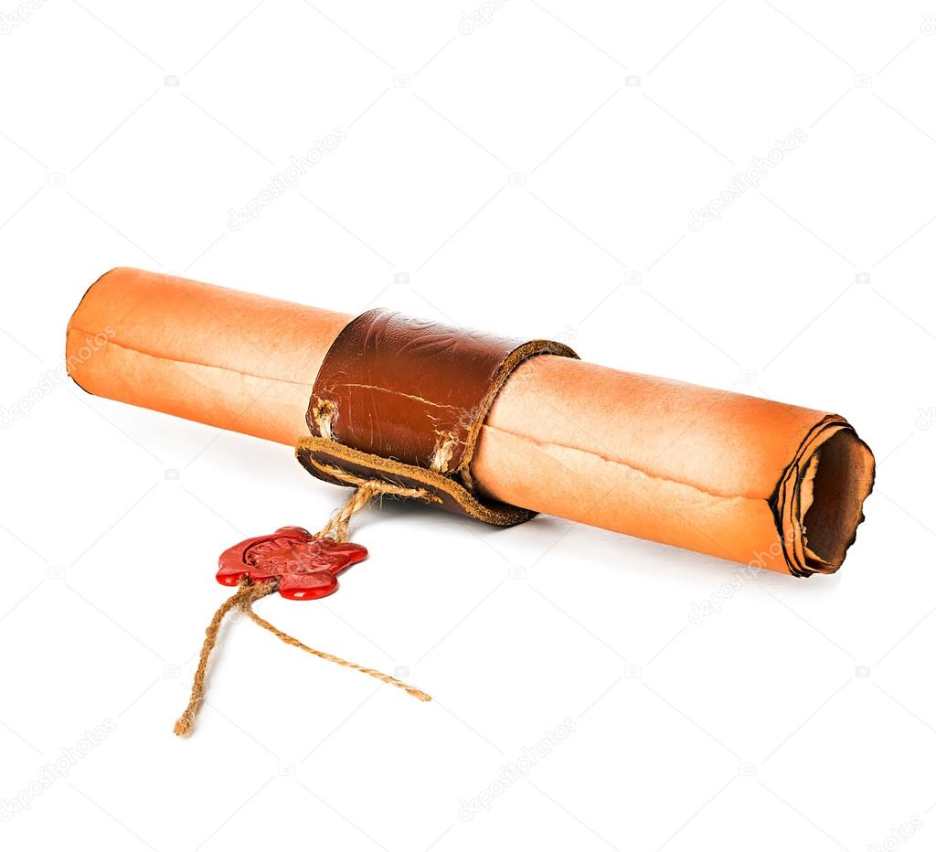 Ancient scroll with wax seal isolated on white background