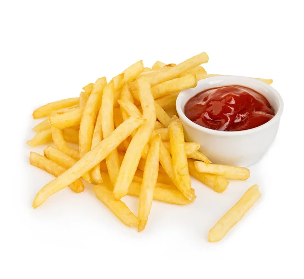 Potatoes fries with ketchup close-up isolated on a white background. — Stock Photo, Image