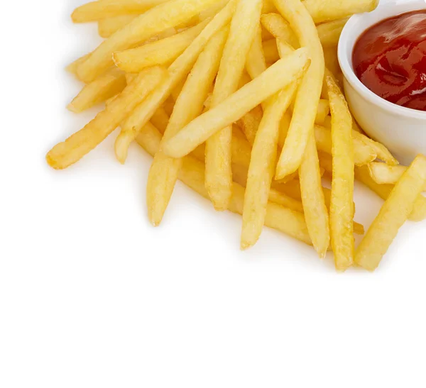 Potatoes fries with ketchup close-up isolated on a white background. — Stock Photo, Image