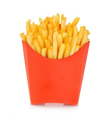 Beyaz bir arka plan üzerinde izole kırmızı karton kutuda patates kızartması. Fast Food.