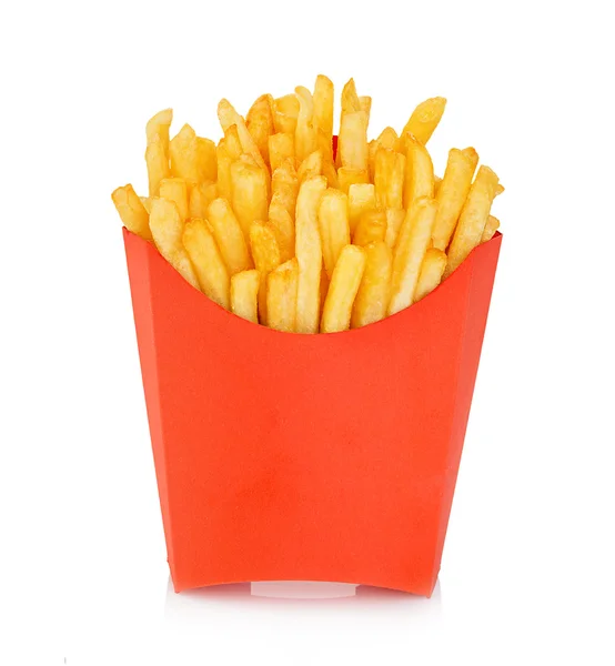 Pommes frites in einem roten Karton isoliert auf weißem Hintergrund. Fast Food. — Stockfoto